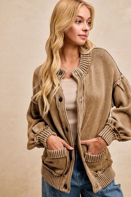 Vintage Wash Ribbed Banded Cotton Sweater Cardigan 