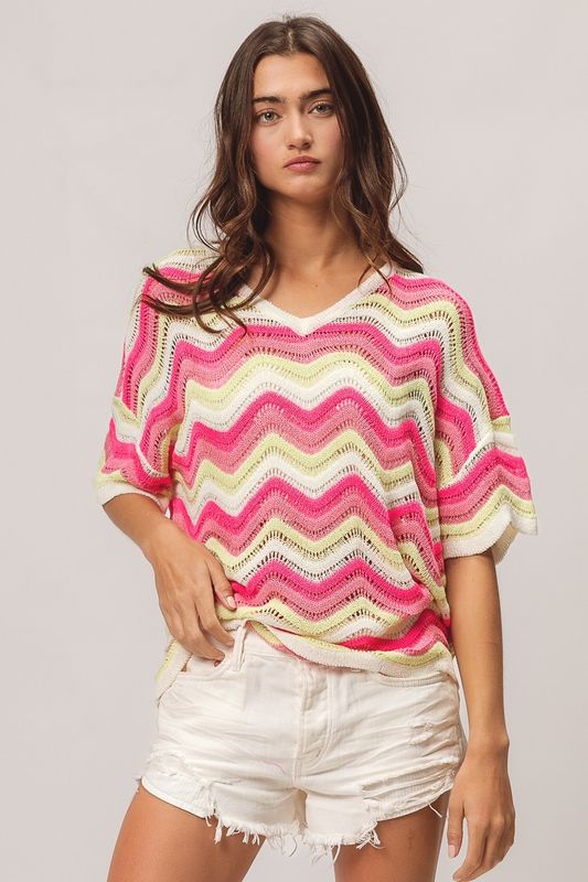 Pointelle Knit Wave Pattern Sweater Tee