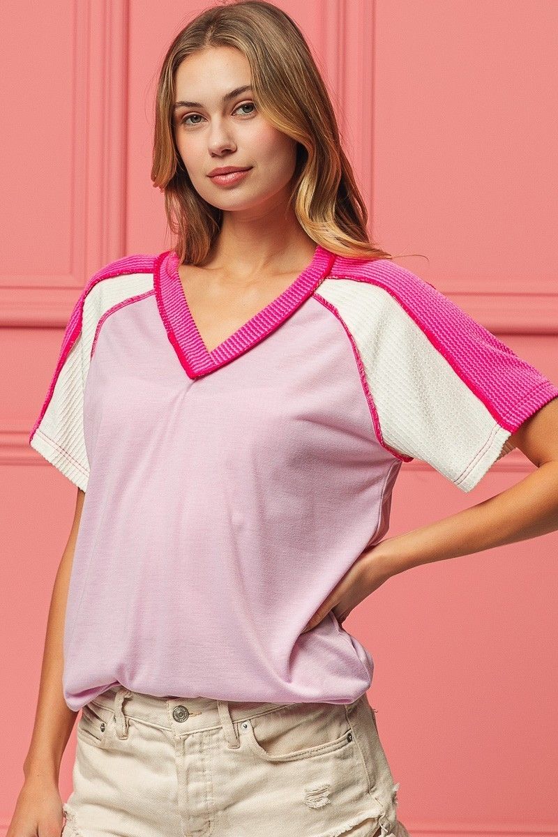 Ribbed Combo Contrast Sleeve V Neck Tee