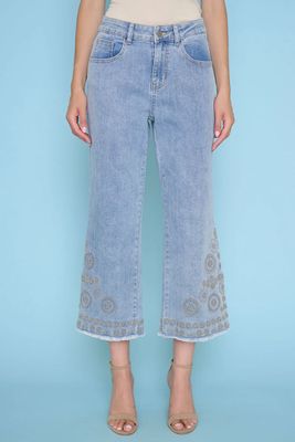 Wide-Leg Floral Embroidered Crop Jeans | Picadilly 
