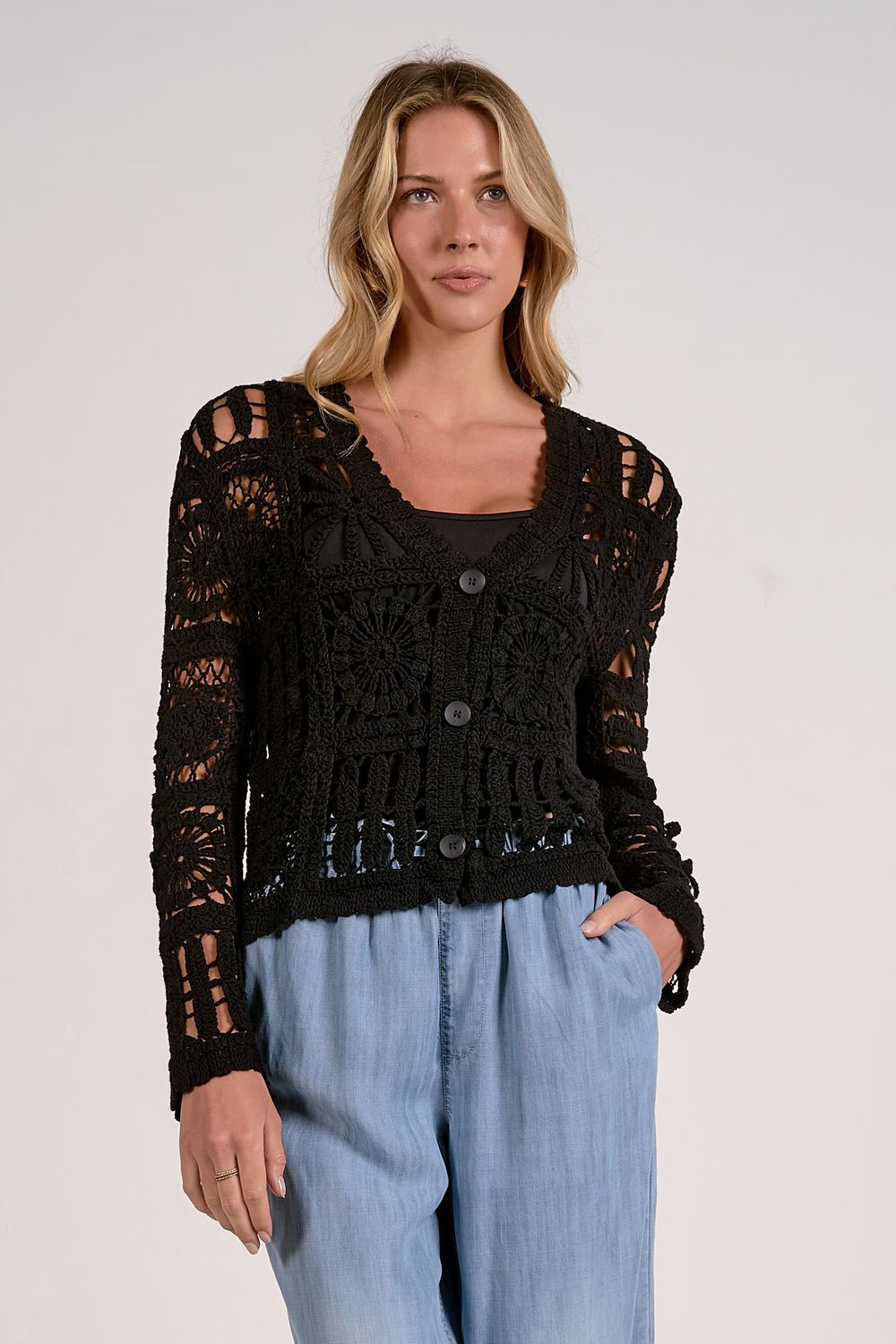 Open Crochet 3 Button Cardigan | Elan