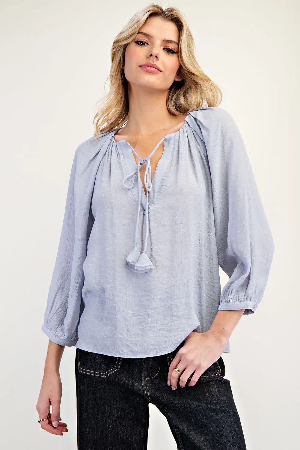 Flowy Tie Front 3/4 Sleeve Blouse