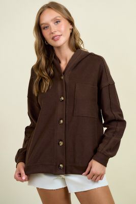 Raw Edge Button Front Hoodie Jacket