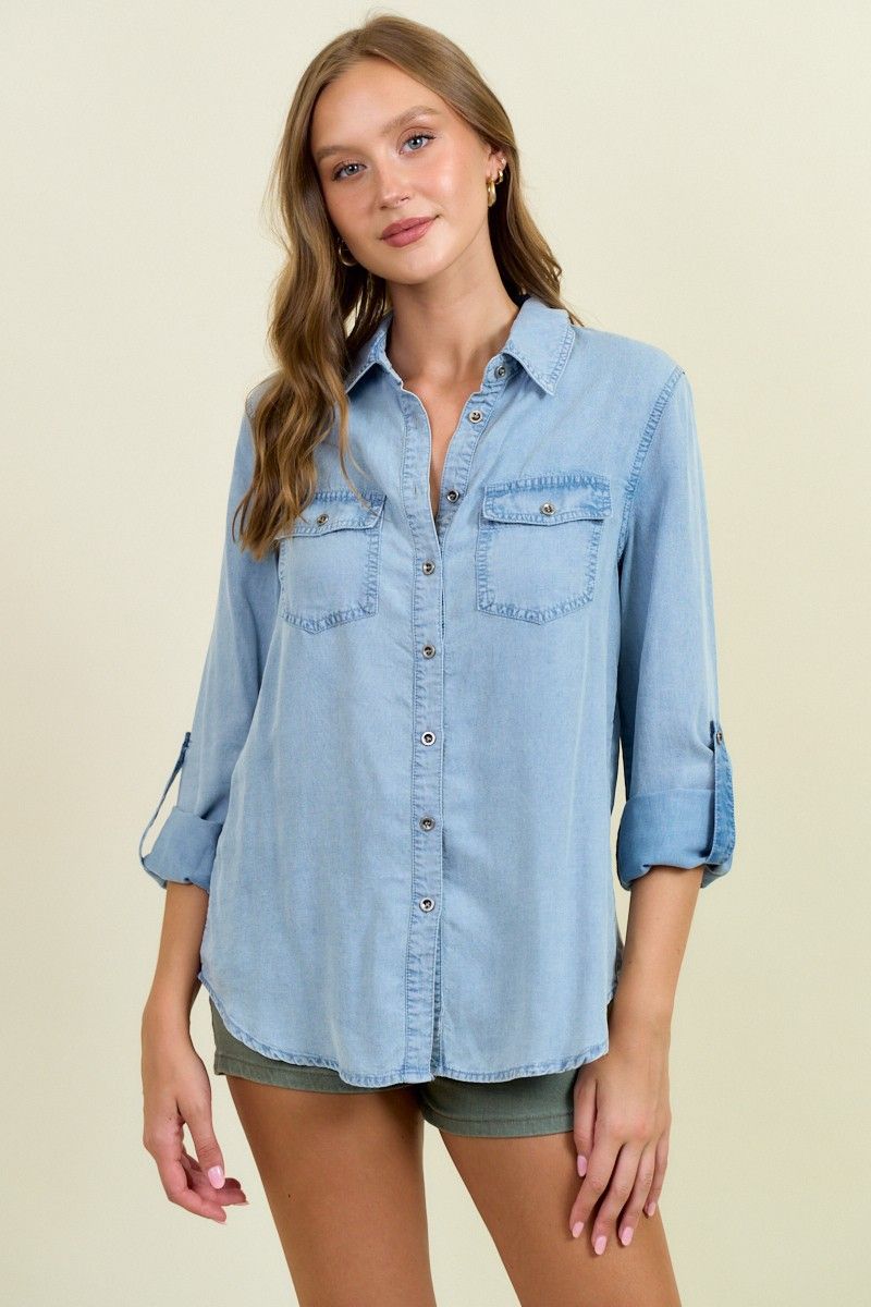 Chambray Button Down Denim Tencel Shirt