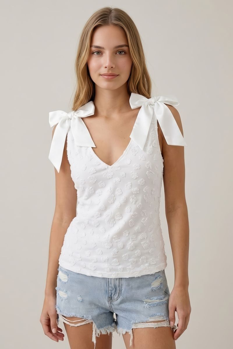 Raised Floral Pattern Tank w/ Tie Ribbon Straps