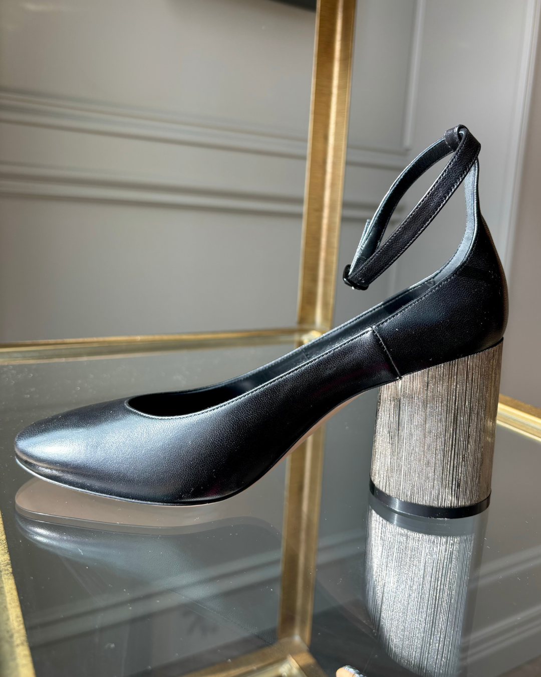 Minorca Nero Metallic Ankle Strap Heel