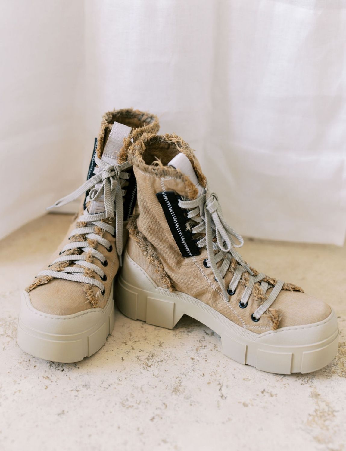 Tan Denim Frayed Combat Boot