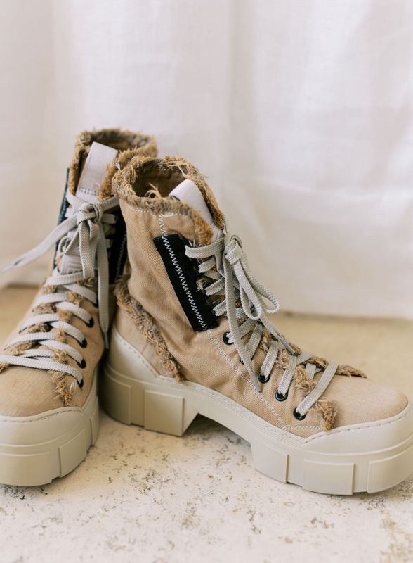 Tan Denim Frayed Combat Boot