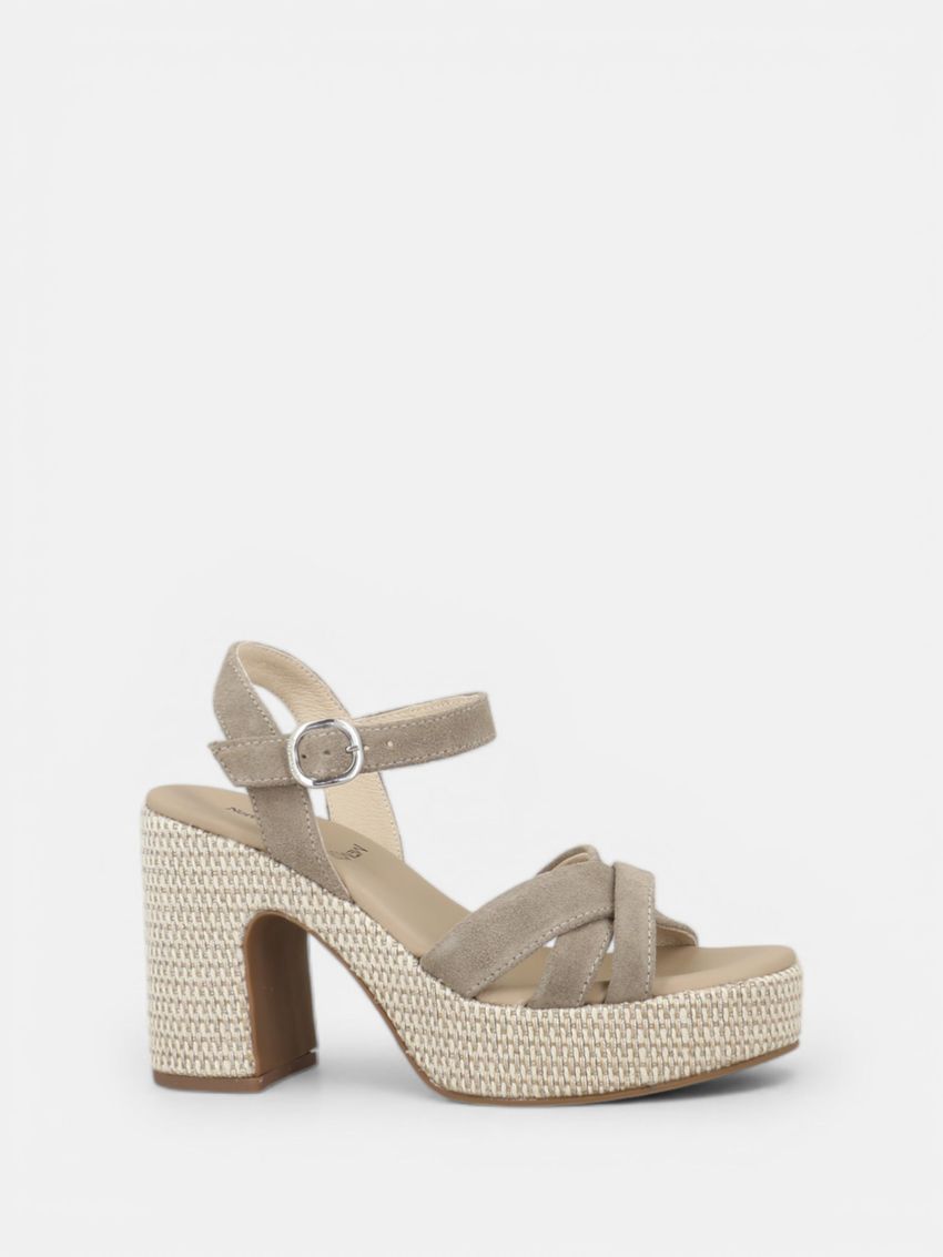 Taupe Suede Rafia Platform Heeled Sandal