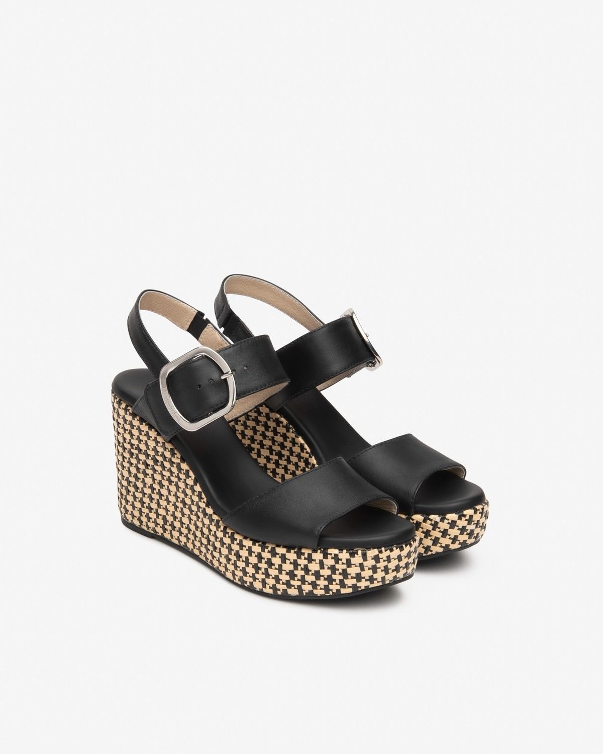 Nero Leather/Raffia Buckle Wedge