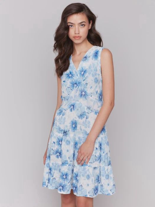 Printed Sleeveless V Neck Dress with Tiers