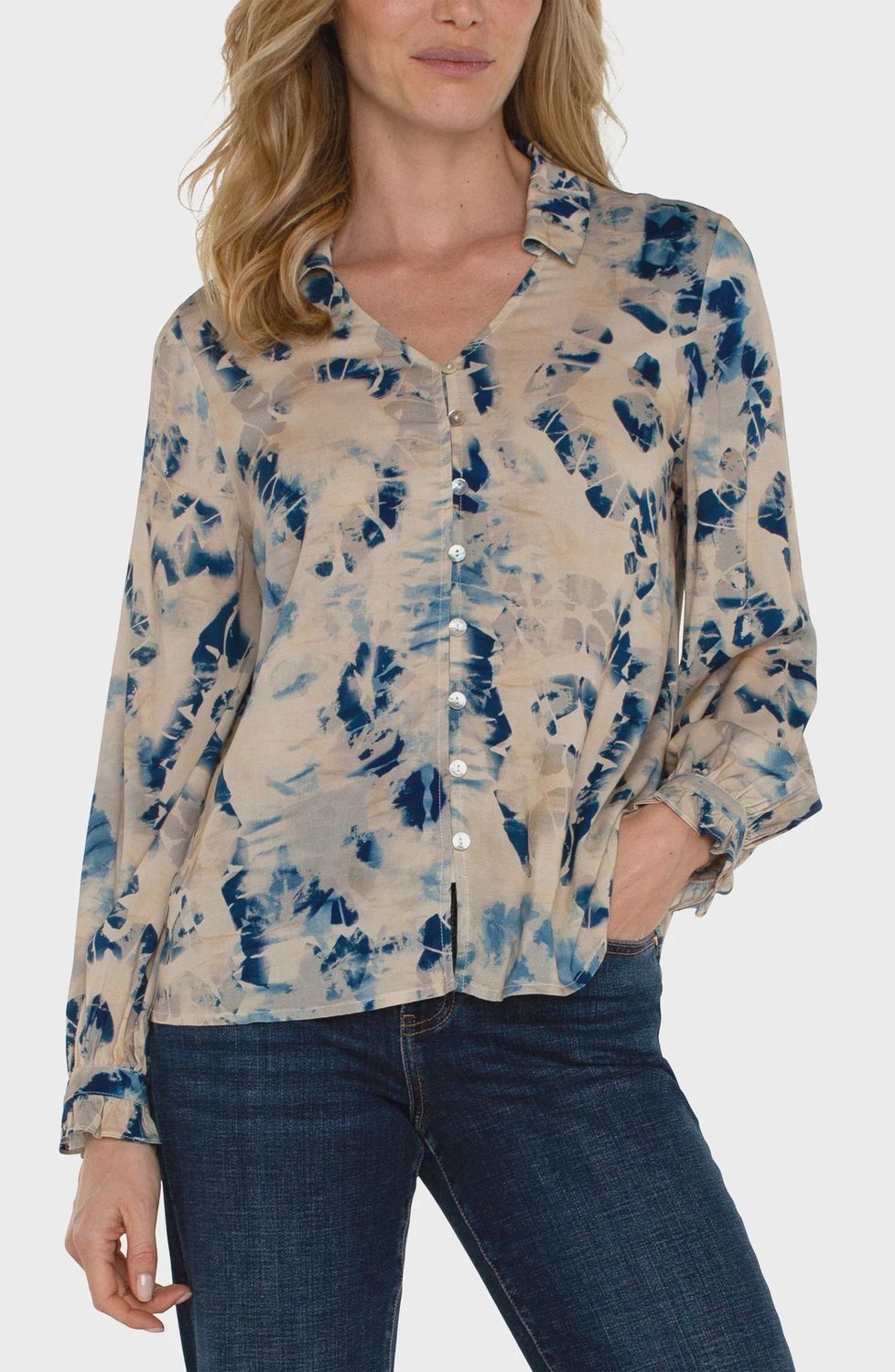 Button Front Collared L/S Woven Blouse