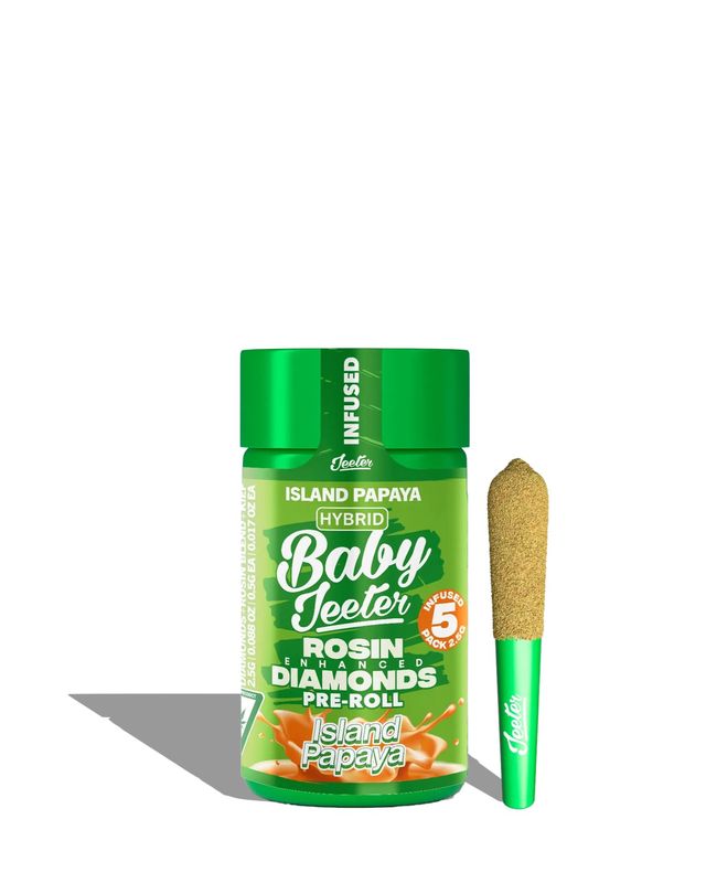 Baby Jeeter: 5pk Rosin Enhanced Diamonds Pre-Rolls THC: 41.72% - Island Papaya HYBRID