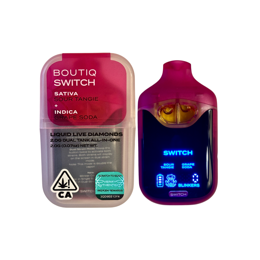 BOUTIQ SWITCH - 2gram Liquid Live Diamonds Dual Tank Disposable Vape - Sour Tangie (SATIVA) x Grape Soda (INDICA)