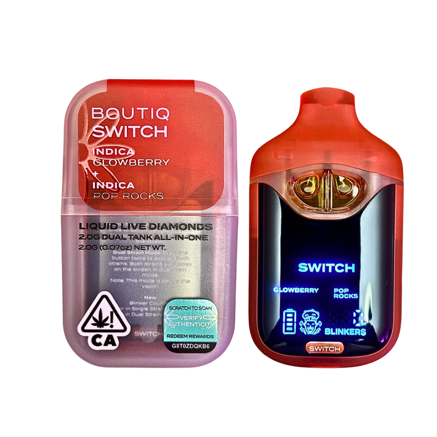 BOUTIQ SWITCH - 2gram Liquid Live Diamonds Dual Tank Disposable Vape - Glowberry (INDICA) x Pop Rocks (INDICA)