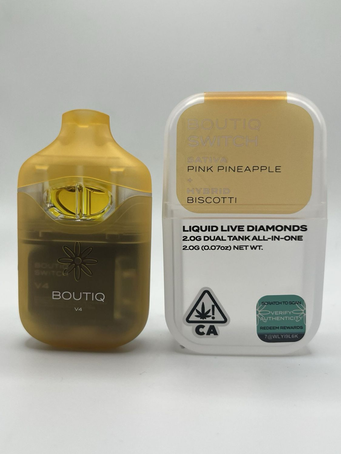 BOUTIQ SWITCH - 2gram Liquid Live Diamonds Dual Tank Disposable Vape - Pink Pineapple (SATIVA) x Biscotti (HYBRID)