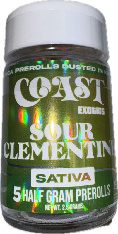 Coast Exotics: 5 Infused Half Gram Pre Rolls- Sour Clementine SATIVA