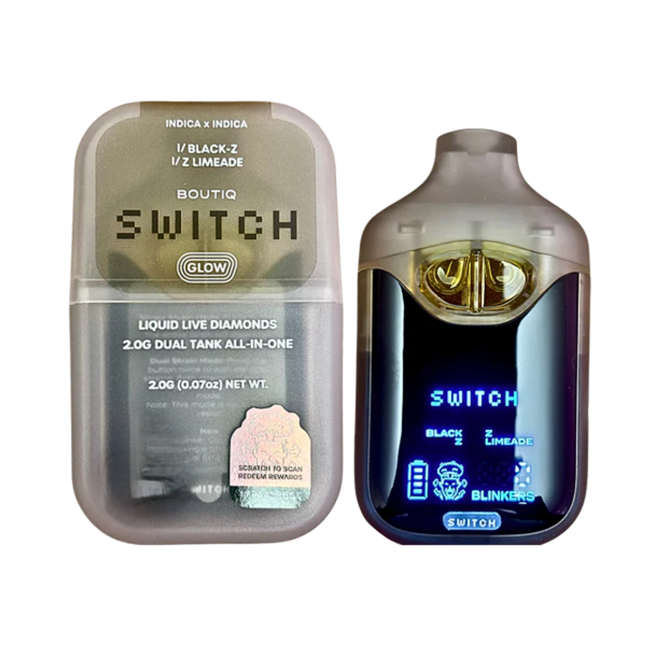 BOUTIQ SWITCH • GLOW - 2gram Liquid Live Diamonds Dual Tank Disposable - Black-Z (INDICA) x Z Limeade (INDICA)