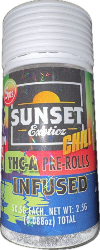 SUNSET Exoticz: 5pk THCa Diamond Live Resin INFUSED Pre-Rolls - Watermelon Zkittlez HYBRID