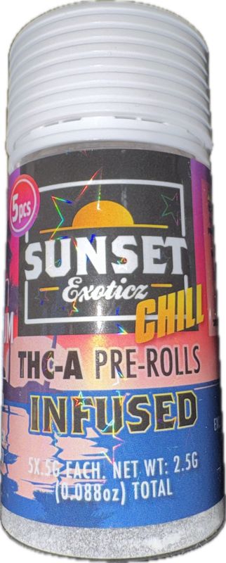 SUNSET Exoticz: 5pk THCa Diamond Live Resin INFUSED Pre-Rolls - Bubblegum INDICA