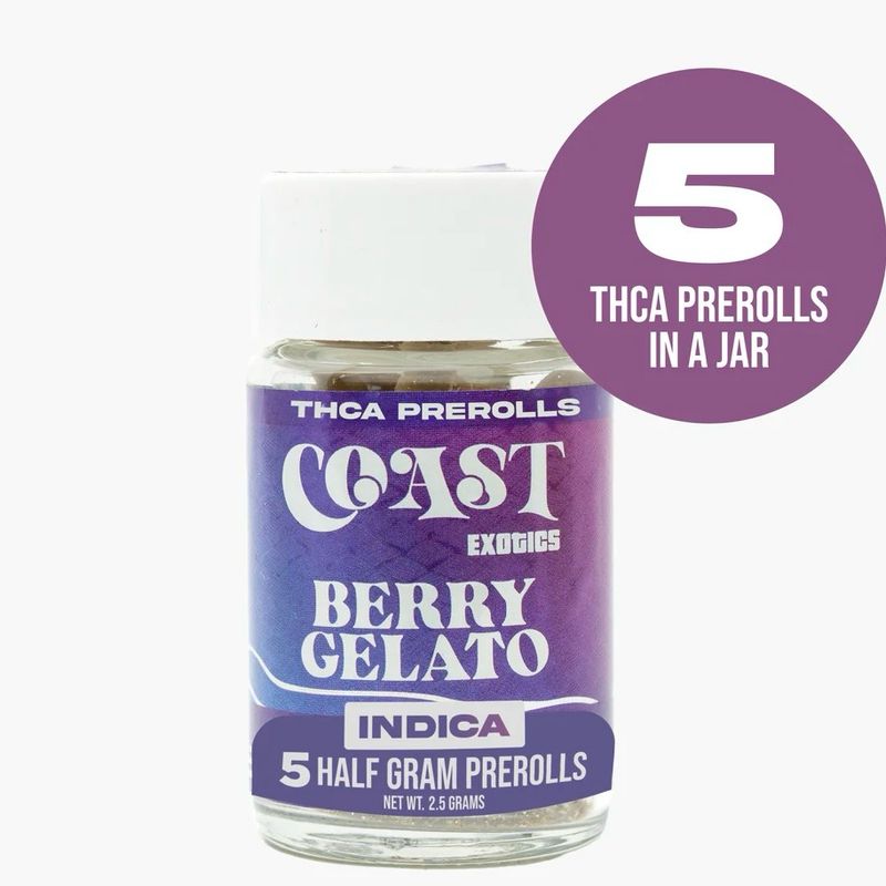 Coast Exotics: 5 Infused Half Gram Pre Rolls - Berry Gelato INDICA
