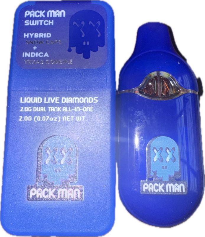 PACK MAN Switch: 2gram Dual Tank Liquid Live Diamonds Disposable Vape - Snow Caps (HYBRID) x Texas Codeine (INDICA)