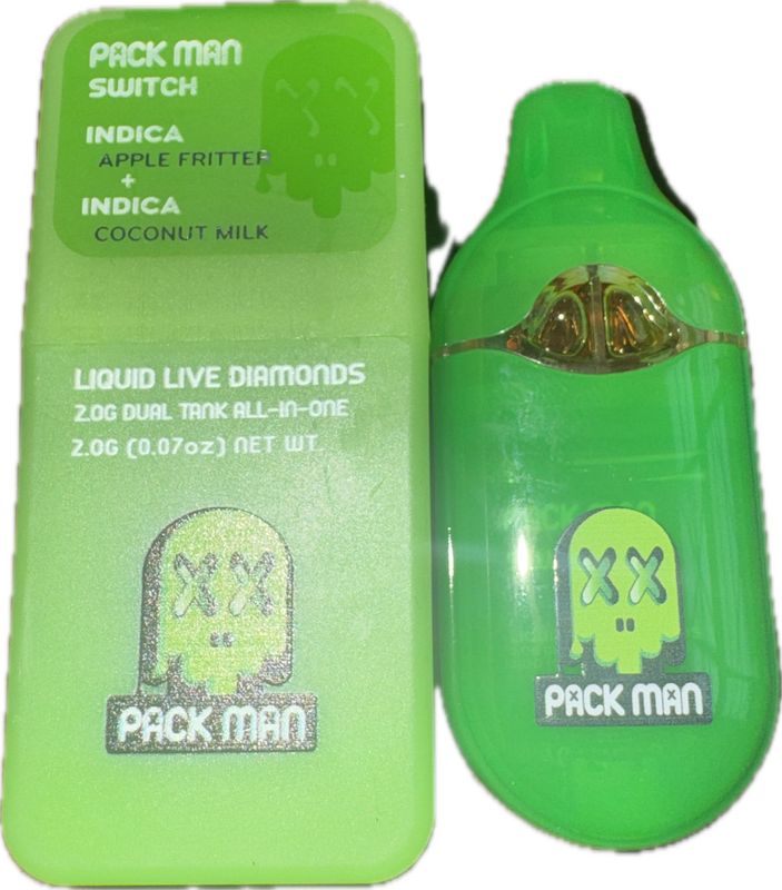 PACK MAN Switch: 2gram Dual Tank Liquid Live Diamonds Disposable Vape - Apple Fritter (INDICA) x Coconut Milk (INDICA)