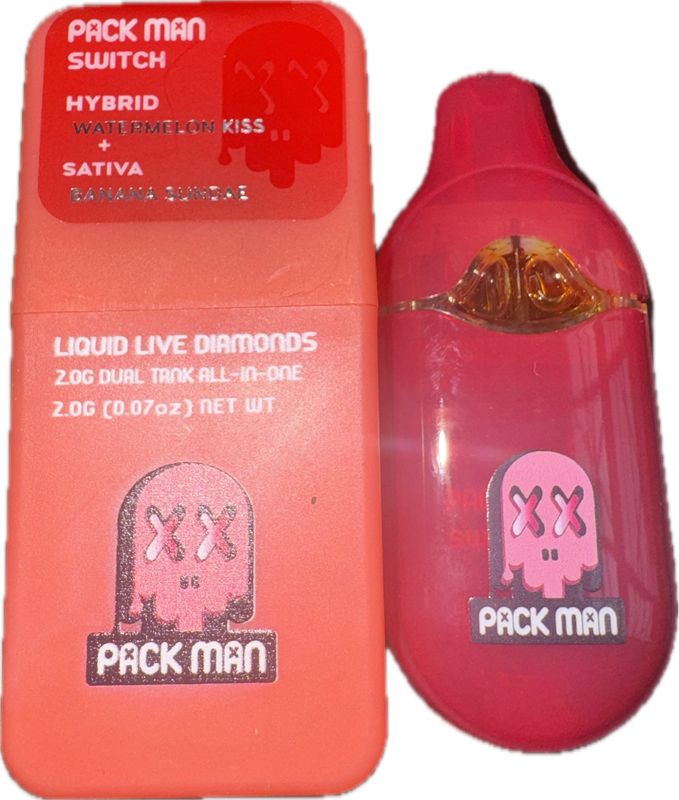 PACK MAN Switch: 2gram Dual Tank Liquid Live Diamonds Disposable Vape - Watermelon Kiss (HYBRID) x Banana Sundae (SATIVA)