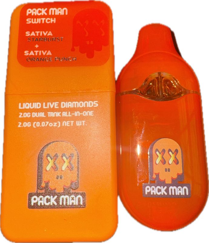 PACK MAN Switch: 2gram Dual Tank Liquid Live Diamonds Disposable Vape - Starburst (SATIVA) x Orange Punch (SATIVA)
