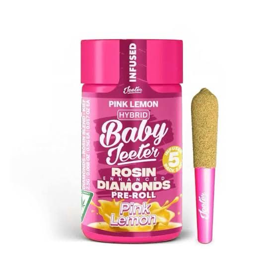 Baby Jeeter: 5pk Rosin Enhanced Diamonds Pre-Rolls THC: 39.5% - Pink Lemon HYBRID
