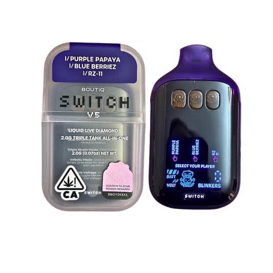 BOUTIQ Switch: 2gram Triple Tank Liquid Live Diamonds Disposable Vape - Purple Papaya (INDICA) x Blue Berriez (INDICA) x RZ-11 (INDICA)