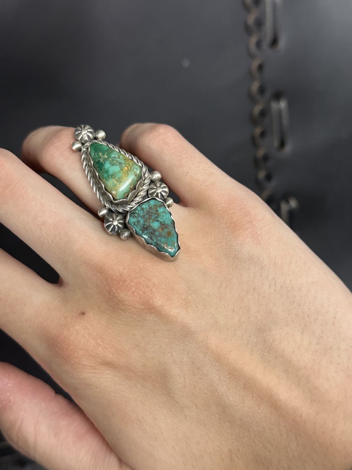 Vintage Inspired Green Turquoise 2-Stone Ring