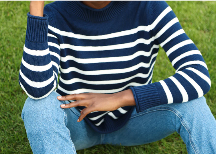 Mock Roll Neck Heirloom Cotton in Navy and Ivory Stripe