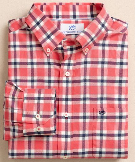 Southern Tide Beachrock Plaid Skipjack Sport Shirt in Snapper