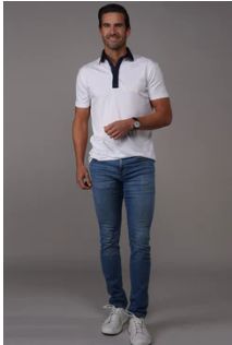 Collars &amp; Co. Semi-Spread Collar Polo in Austin White with Navy Accent