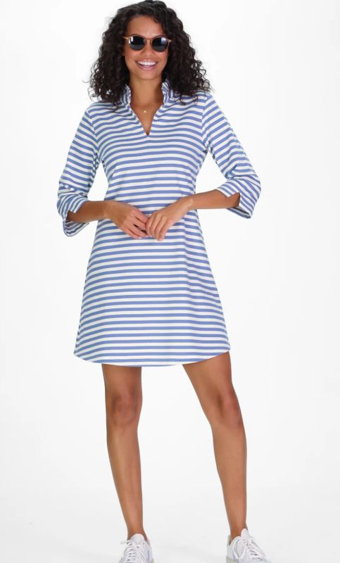 French Terry Lillian Dress in Light Blue Stripe