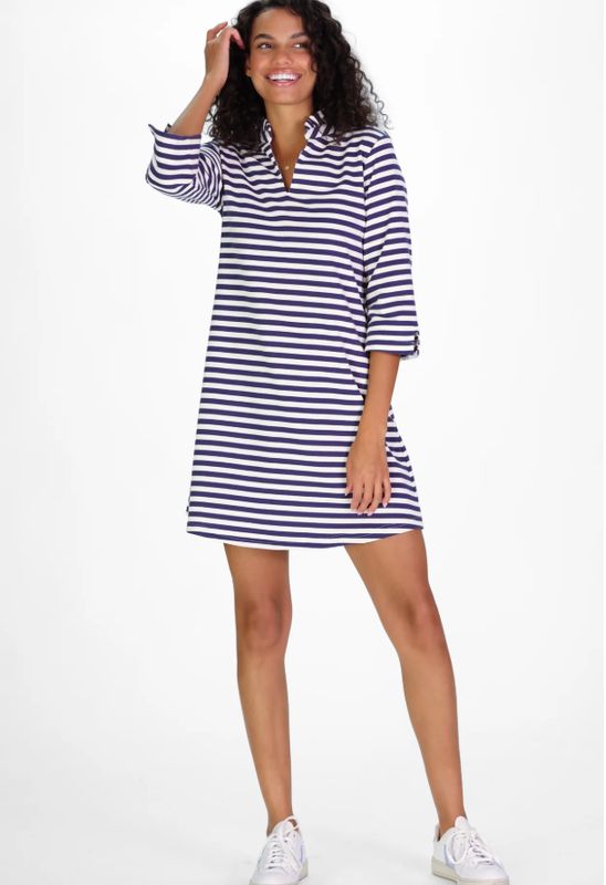 French Terry Lillian Dress in Slate Stripe