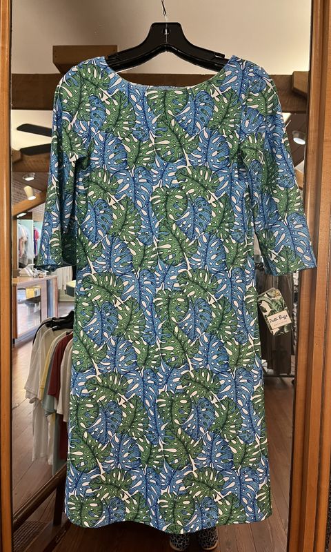 Ceci Dress in Blue and Green Leaves