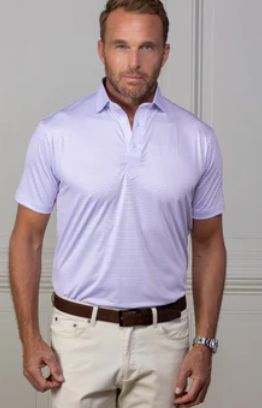 Collars &amp; Co. Relaxed Featherweight Flex Polo in Mackenzie Light Pink with Blue Stripe