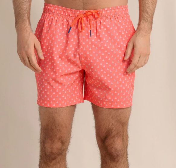 Southern Tide Floatin' Along Swim Trunk in Sunset Coral/Sailboat Pattern Southern Tide Floatin' Along Swim Trunk in Sunset Coral/Sailboat Pattern