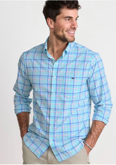 Vineyard Vines Performance Coconut Key Plaid Featherweight Shirt in Sea Splash