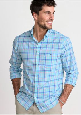 Vineyard Vines Performance Coconut Key Plaid Featherweight Shirt in Sea Splash