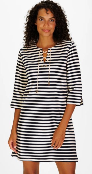 Duffield Lane French Terry Teddy Dress in Navy and White Stripe
