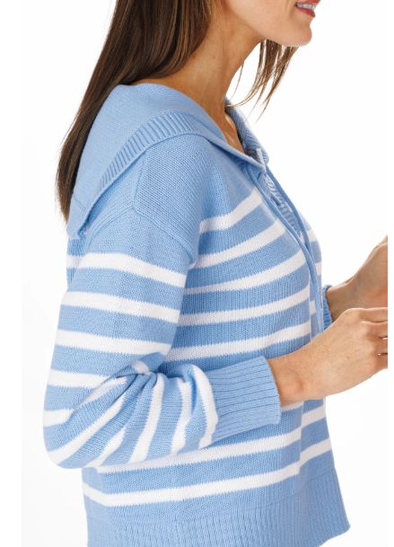 Duffield Lane Heirloom Cotton Lace Up Beach Sweater in Light Blue with White Stripes