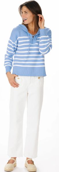 Duffield Lane Heirloom Cotton Lace Up Beach Sweater in Light Blue with White Stripes