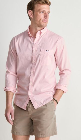 Vineyard Vines Shoreline Solid Perfect Wash Poplin Shirt in Flamingo