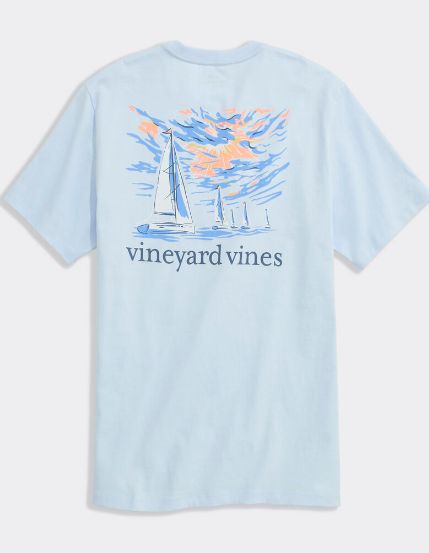 Vineyard Vines Sunset Regatta Scene Short-Sleeved Pocket Tee in Rocks Blue