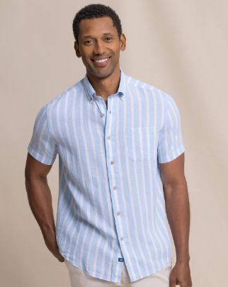 Southern Tide Seamark Stripe Linen Rayon Short Sleeve Sport Shirt in Tide Blue