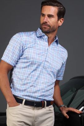 Collars &amp; Co. Semi-Spread Collar Polo in Sea Island Blue and Purple Plaid