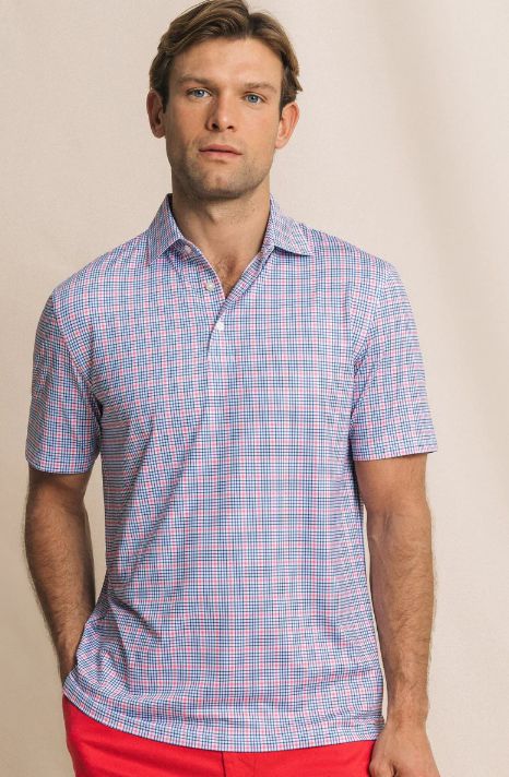 Southern Tide Driver Surfside Retreat Plaid Polo in Island Pink
